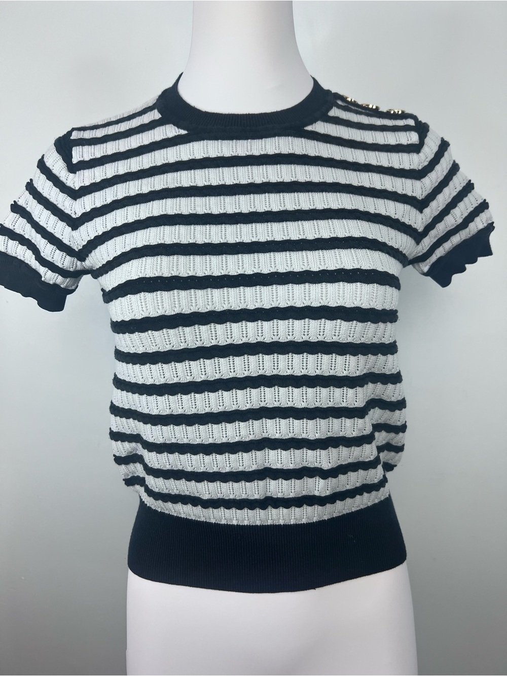 Balmain Paris Black & White Striped Short-Sleeve Knit Sweater Gold Buttons Small